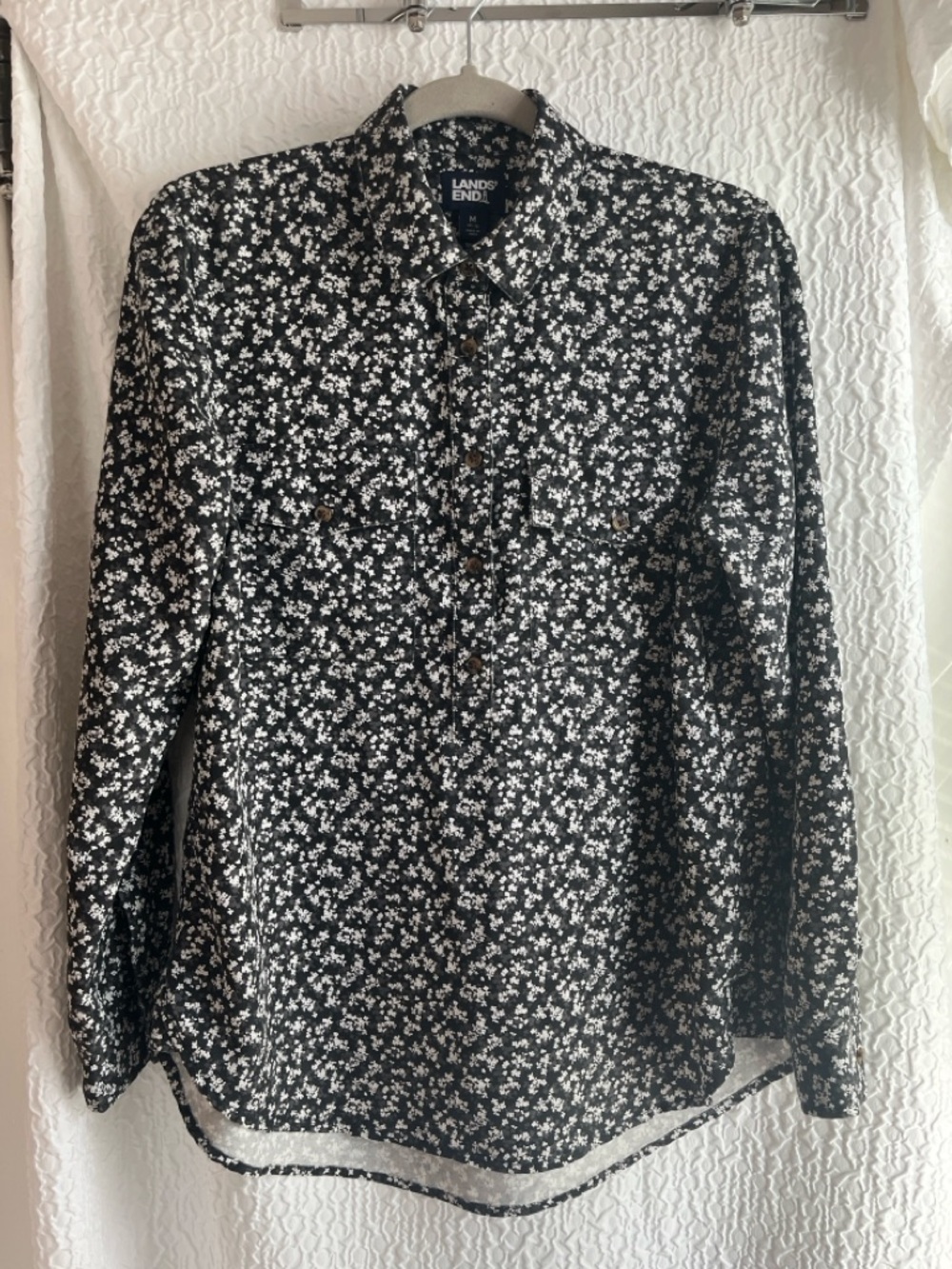 Lands' End Black and White Floral Button-Down Shirt
